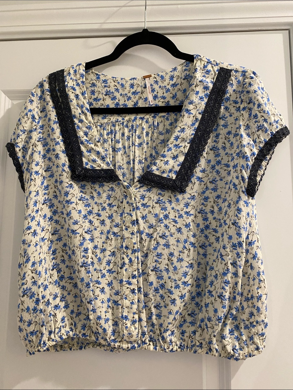 Free People Cream Blouse with Blue Floral Print and Navy Lace Trim